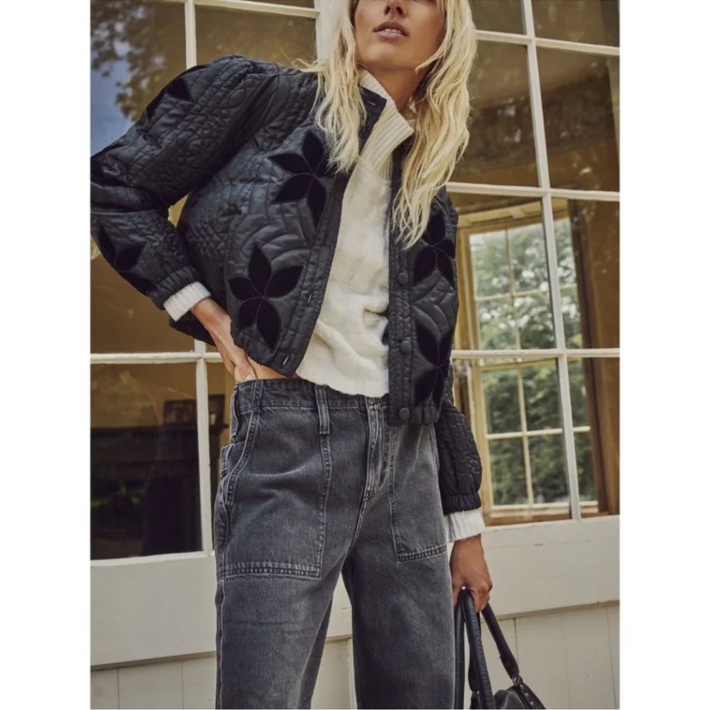 NWT FREE PEOPLE Quinn Quilted Jacket / Black Floral Bomber Satin - Picture 1 of 10